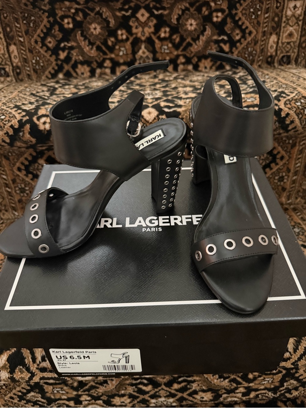 Karl Lagerfeld Black Grommet Block-Heel Sandals